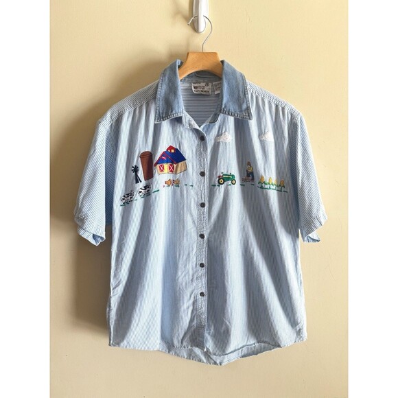 Vintage Chambray Embroidered Appliqué Button Down Shirt Farm Animals Striped XL - Picture 1 of 5